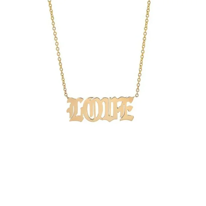 Love Old English Font Yellow Gold Necklace