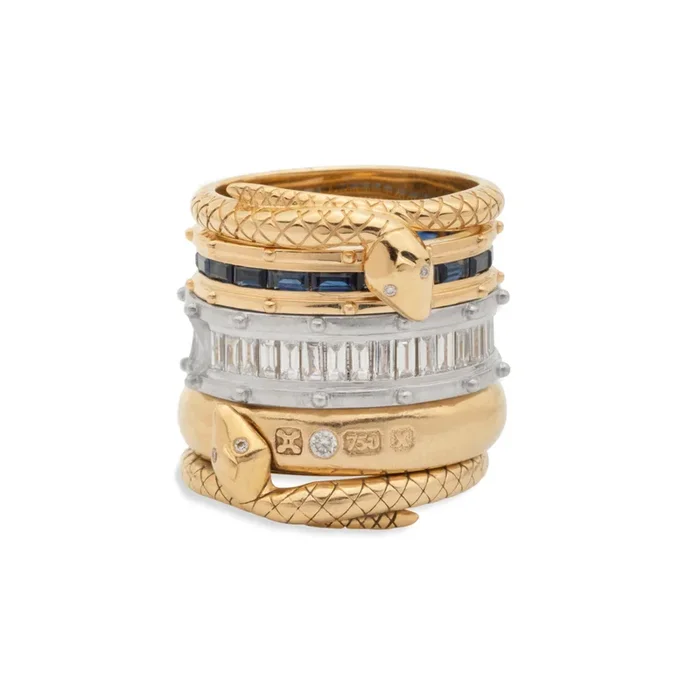 Lovestruck Pierced and Snake Bookend Ring Stack : in Mixed Gold with Baguette Diamonds and Blue Sapphire