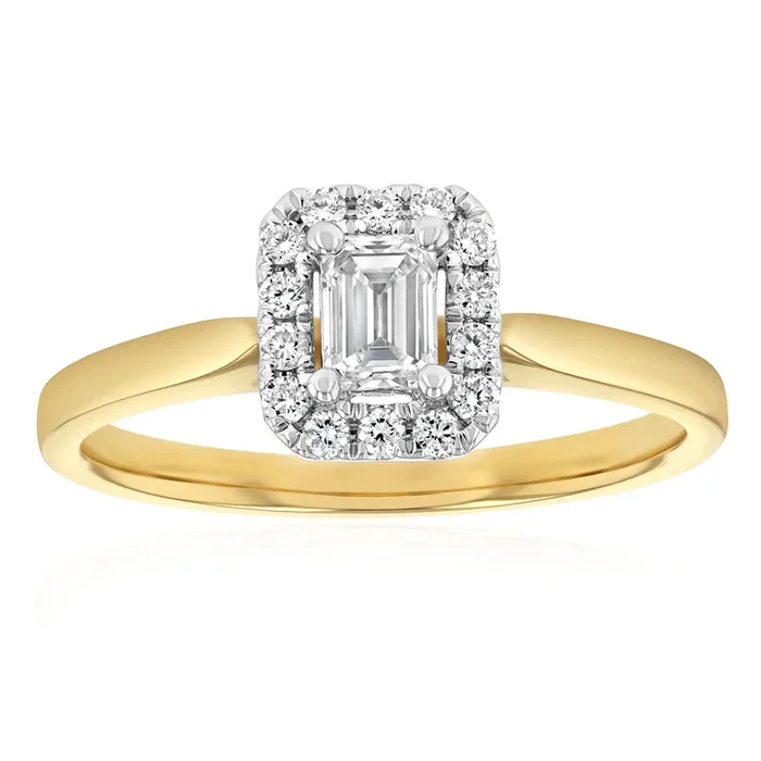 Luminesce Lab Grown 9ct yellow Gold 0.40 Carat Halo Emerald Brilliant Cut Ring