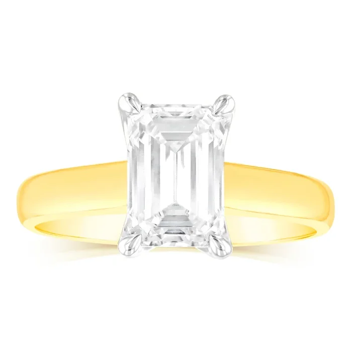 Luminesce Lab Grown Certified 2 Carat Emerald Diamond Ring in 18ct Yellow Gold
