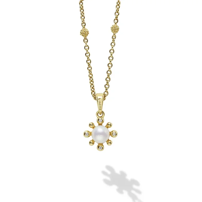 Luna 18K Gold Petite Fleur Pearl Diamond Pendant Necklace