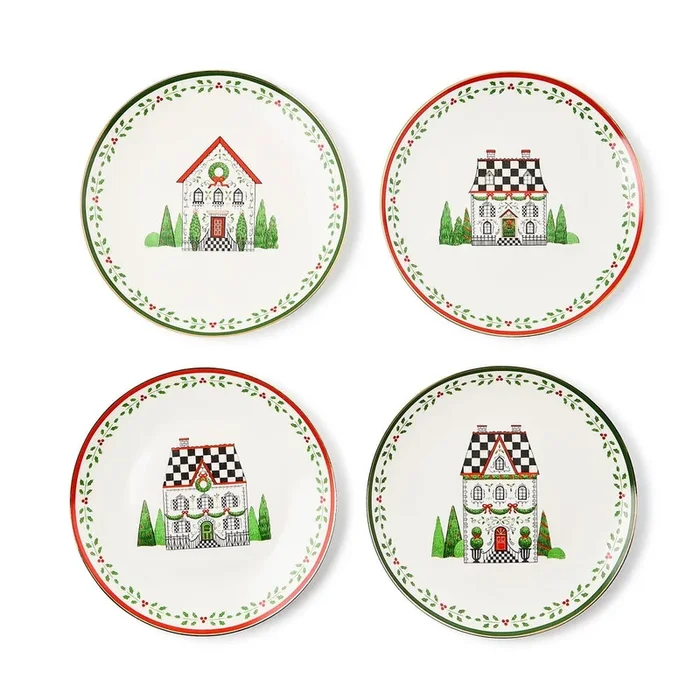 MacKenzie-Childs Holly Village Ceramic Dessert Plates – Set of 4