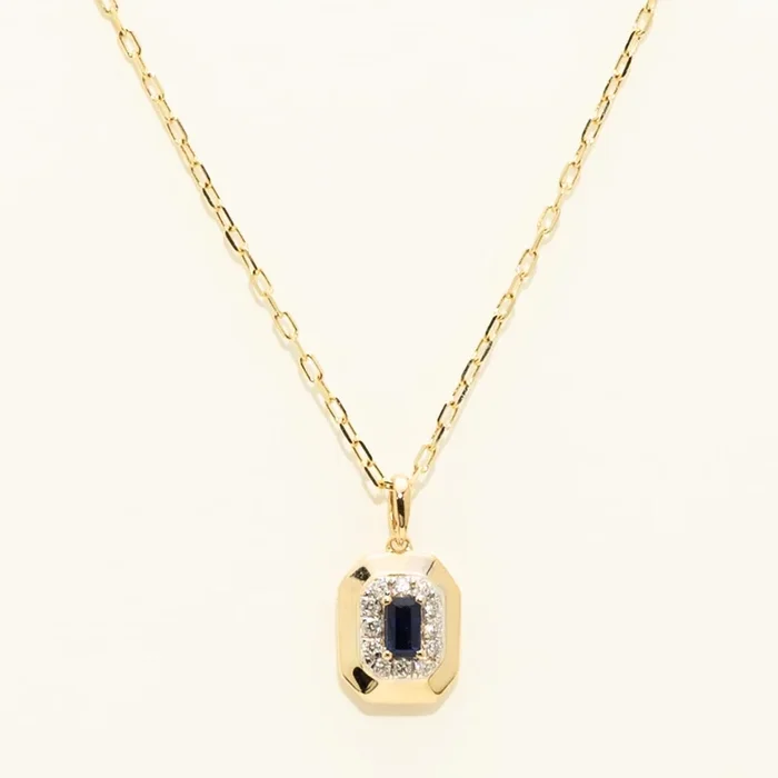 Madison L Arianna Emerald Cut Sapphire Halo Necklace in 14kt Yellow Gold with Diamonds (1/20ct tw)