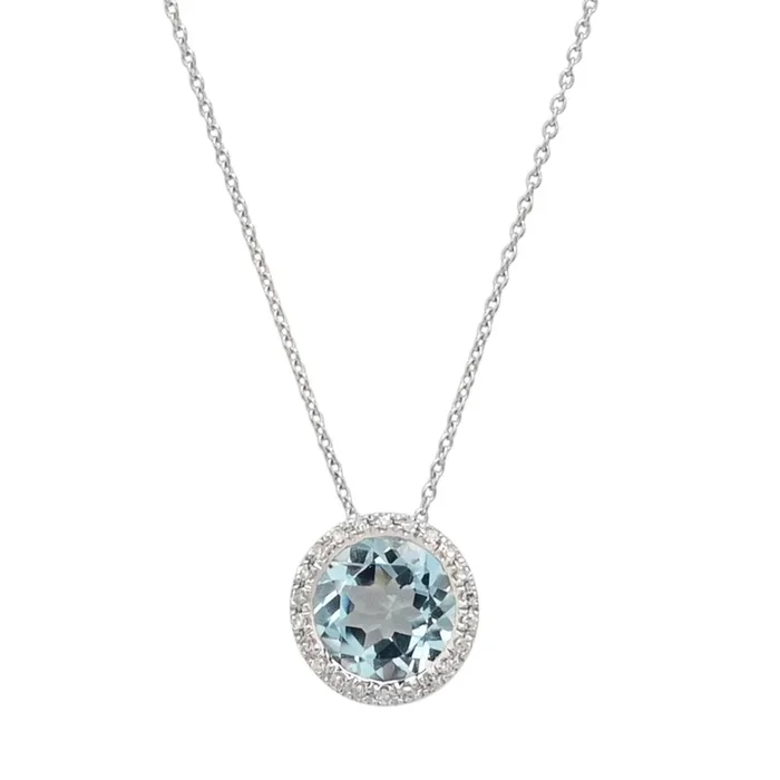 Madison L Blue Topaz Halo Necklace in 14kt White Gold with Diamonds (1/20ct tw)
