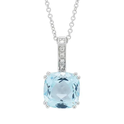 Madison L Cushion Blue Topaz Necklace in 14kt White Gold with Diamonds (.02ct tw)