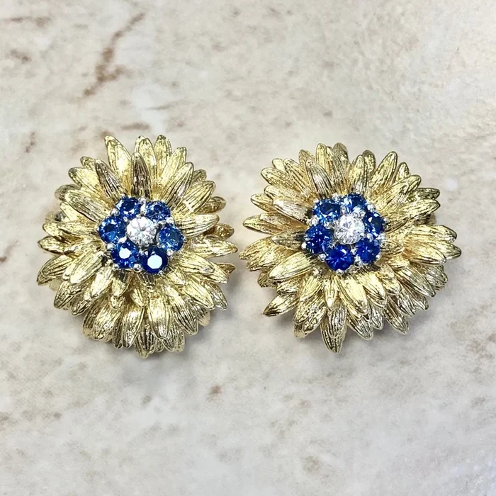Magnificent Vintage Handcrafted 18 Karat Yellow Gold Sapphire & Diamond Flower Earrings