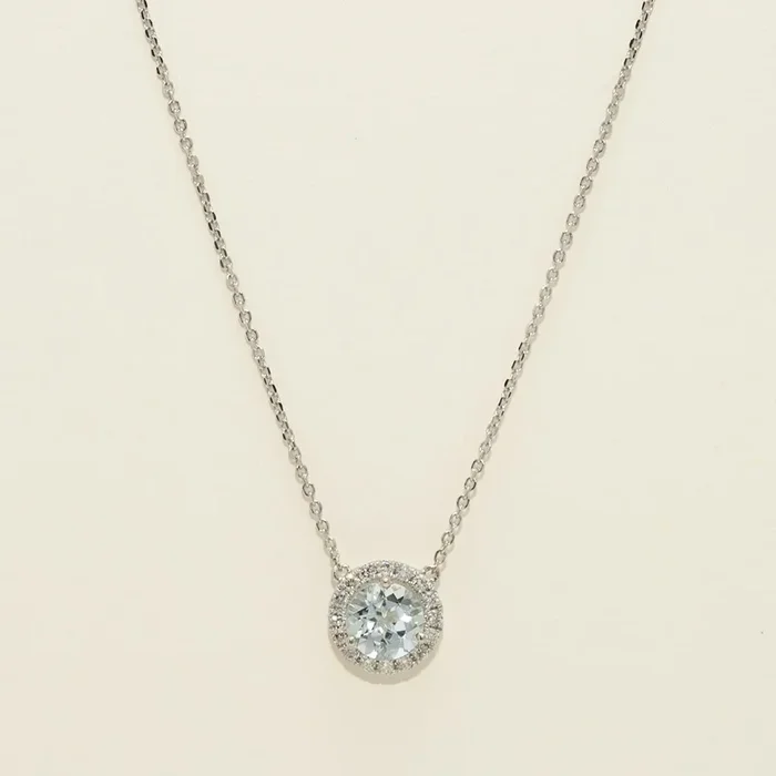 Maine Aquamarine Halo Necklace in 14kt White Gold with Diamonds (1/5ct tw)