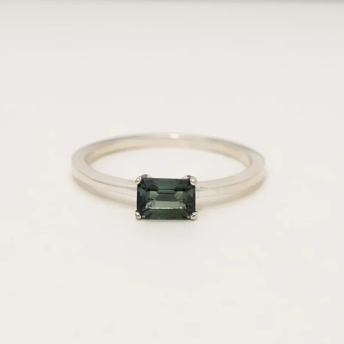 Maine Green Tourmaline Emerald Cut East West Ring in Sterling Silver