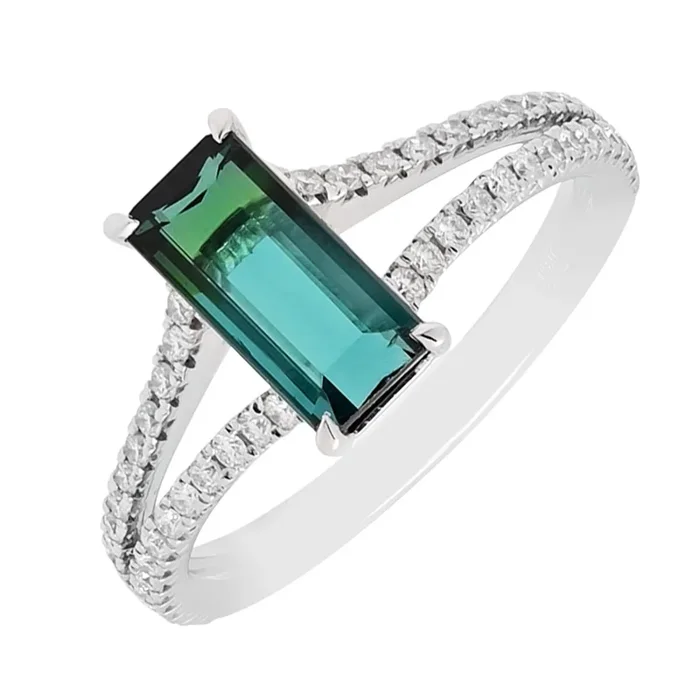 Maine Green Tourmaline Emerald Cut Ring in 14kt White Gold with Diamonds (3/8ct tw)