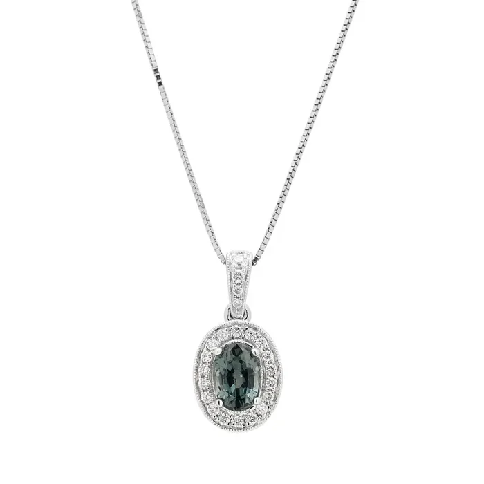 Maine Green Tourmaline Oval Halo Necklace in 14kt White Gold with Diamonds (1/10ct tw)