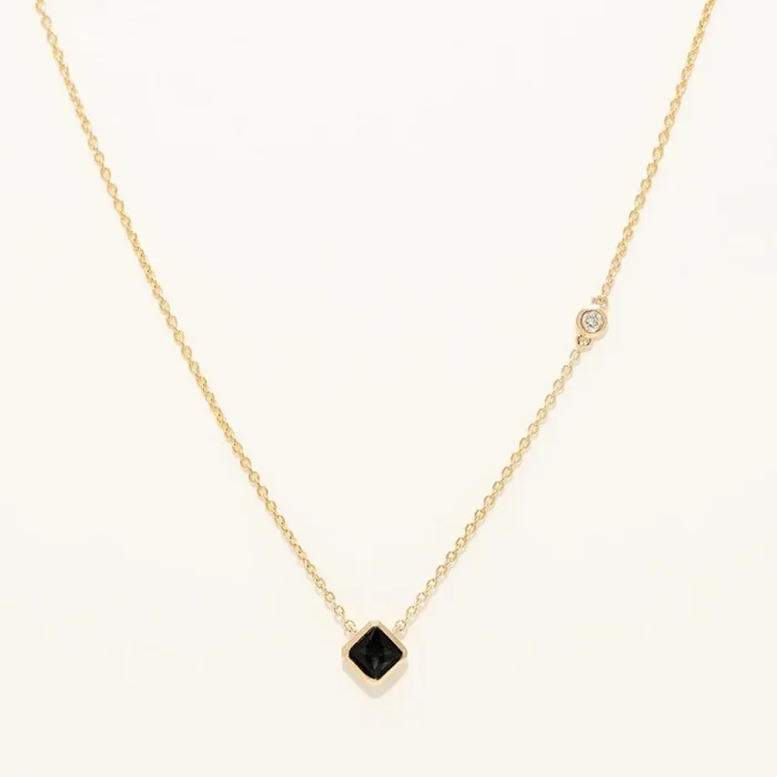 Maine Green Tourmaline Princess Cut Bezel Necklace in 14kt Yellow Gold with Diamond (.04ct)