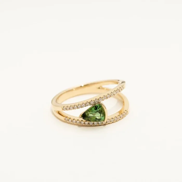 Maine Green Tourmaline Trillion Ring in 14kt Yellow Gold with Diamonds( 1/5ct tw)
