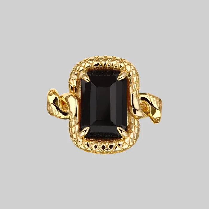 MALICE. Black Spinel Coiled Snake Cocktail Ring – Gold