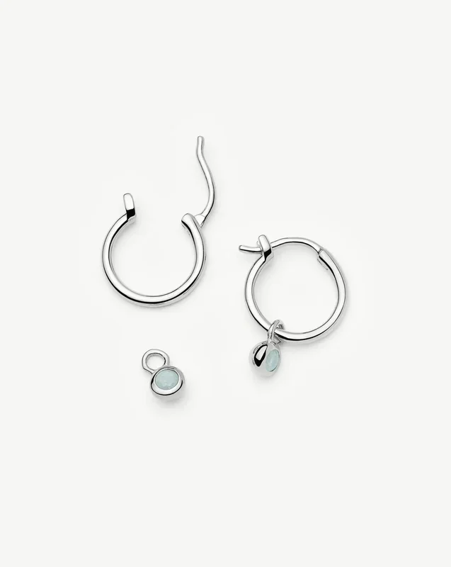 March Birthstone Mini Charm Hoop Earrings | Sterling Silver/Milky Aquamarine