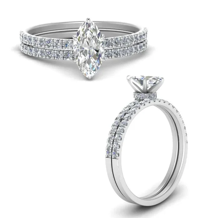 Marquise Diamond Hidden Halo Half Way Bridal Set