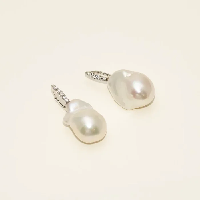 Mastoloni Baroque Cultured Freshwater Pearl Drop Earrings in 18kt White Gold with Diamonds (1/4ct tw and 15-17mm pearls)