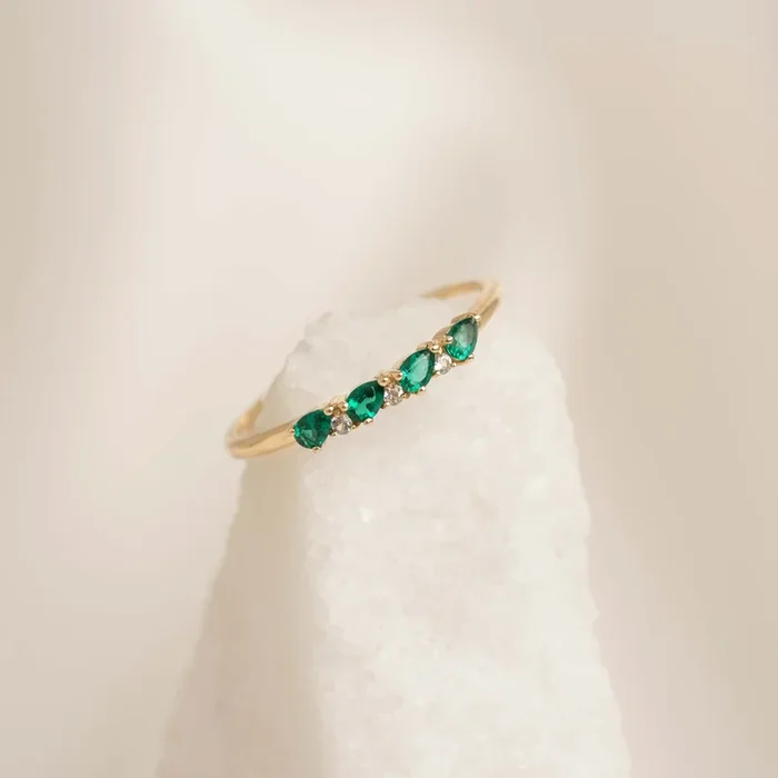 May Birthstone Pear Ring 14k Gold – Emerald and Diamond