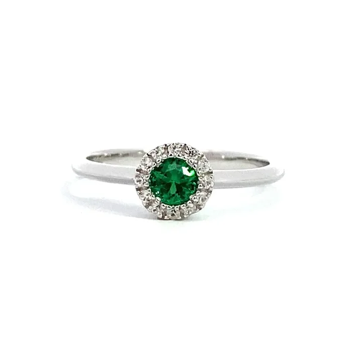May Birthstone Ring: Sterling Silver Lab Grown Emerald Halo Ring