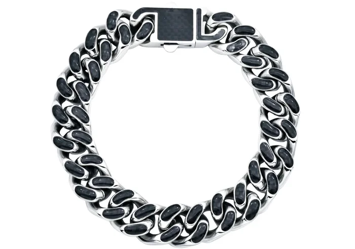 Men’s 12mm Stainless Steel Cuban Link Chain Bracelet With Carbon Fiber