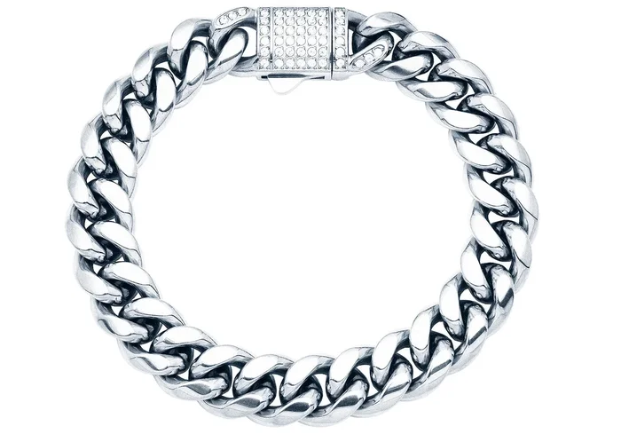 Men’s 12mm Stainless Steel Miami Cuban Link Chain Bracelet With CZ Box Clasp