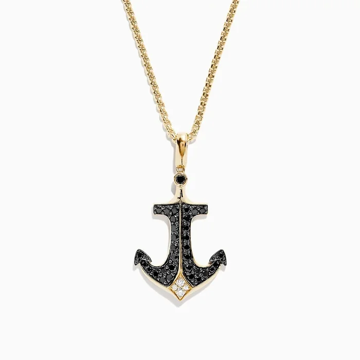Men’s 14K Yellow Gold Black and White Diamond Anchor Pendant, 0.73 TCW