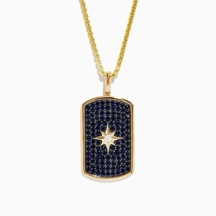 Men’s 14K Yellow Gold Black Sapphire and Diamond Dog Tag Pendant
