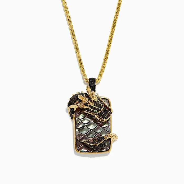 Men’s 14K Yellow Gold Tsavorite, Black Shell, and Black Diamond Dragon Pendant