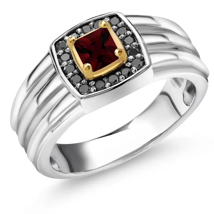 Men’s 925 Sterling Silver and 10K Yellow Gold 4MM Princess Gemstone Birthstone and Black Diamond Ring Available In Size 7, 8, 9, 10, 11, 12, 13