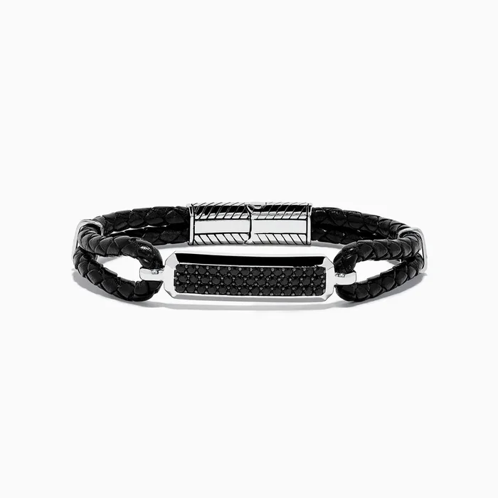 Men’s 925 Sterling Silver Black Sapphire Leather Bracelet