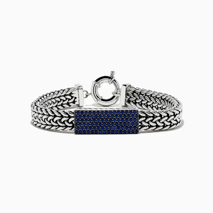 Men’s 925 Sterling Silver Braided Chain Blue Sapphire Bracelet 2.60 TCW