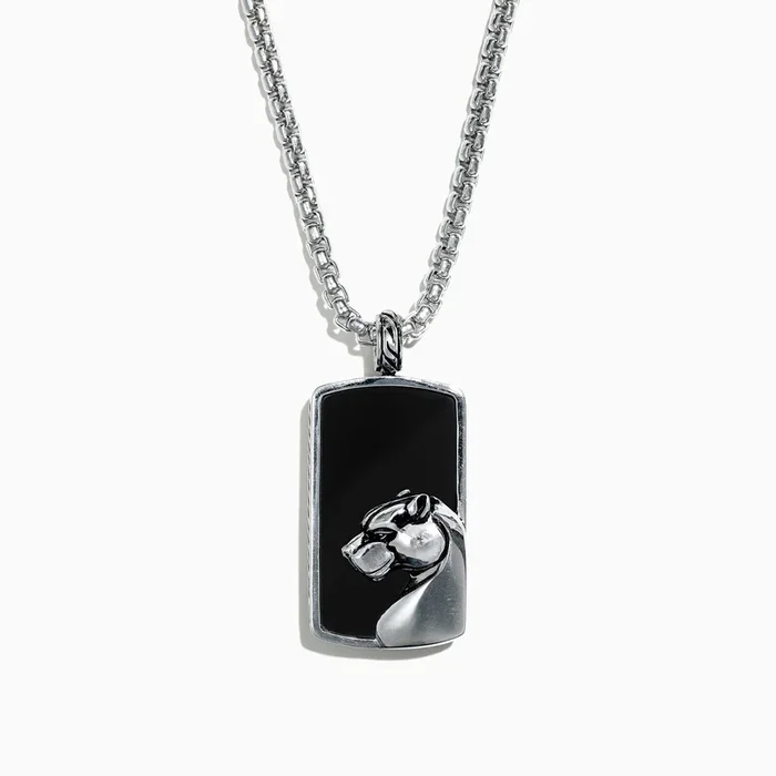 Men’s 925 Sterling Silver Onyx Dog Tag Pendant, 28.40 TCW