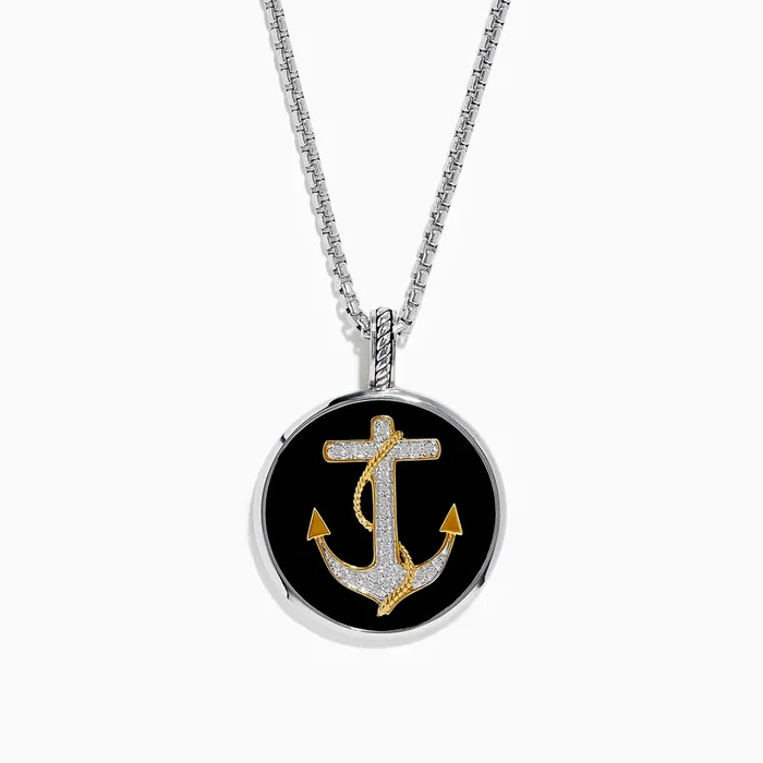 Men’s 925 Sterling Silver White Topaz and Onyx Anchor Pendant