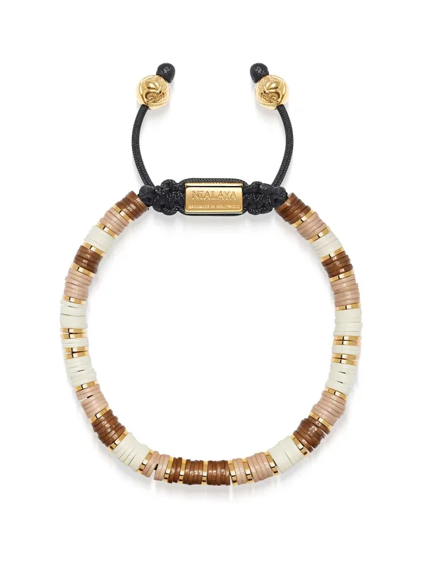 Men’s Beaded Bracelet with Brown, Beige and Gold Disc Beads