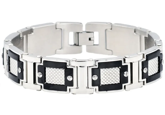 Men’s Black & Silver Stainless Steel Diamond Cut Link Bracelet With Screw Accents