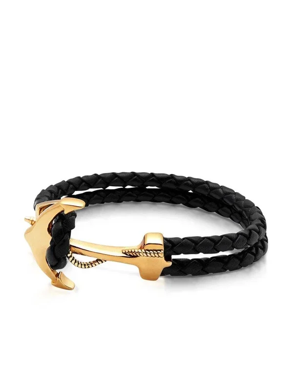 Men’s Black Leather Bracelet with Gold Anchor