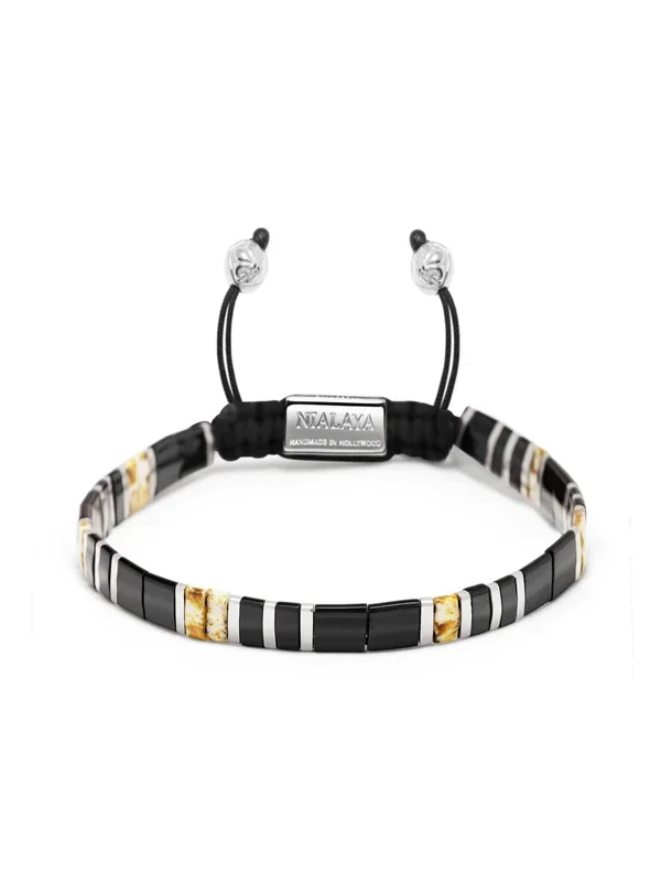 Men’s Bracelet with Black, White Marbled and Silver Miyuki Tila Beads