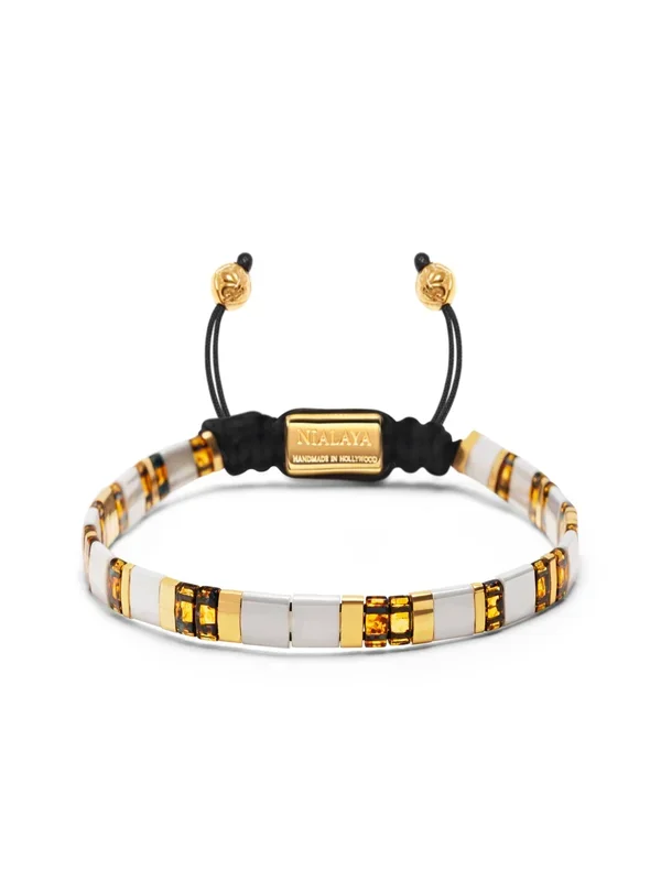 Men’s Bracelet with White, Marbled Amber and Gold Miyuki Tila Beads