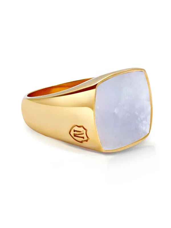 Men’s Gold Signet Ring with Natural White Shell