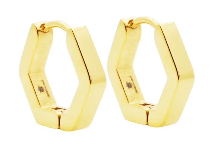 Men’s Gold Stainless Steel Hexagon Hoop Earrings