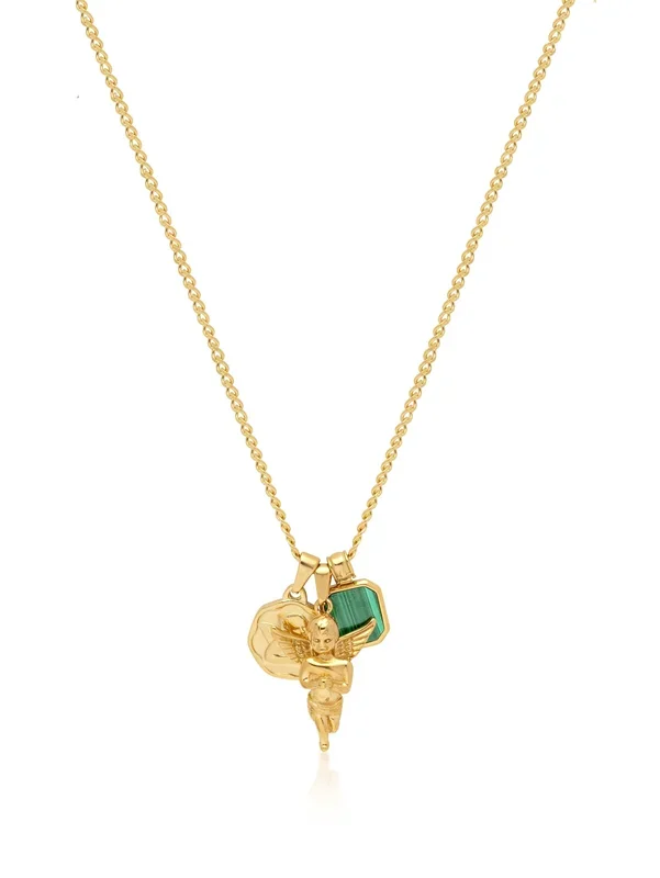 Men’s Gold Talisman Necklace with Angel and Malachite Pendant