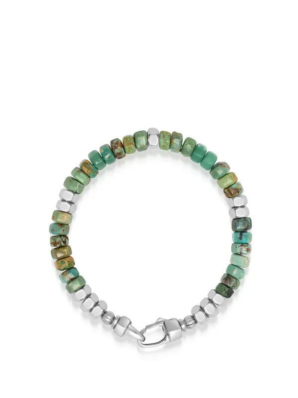 Men’s Hexagon Beaded Bracelet with Green Turquoise and Silver
