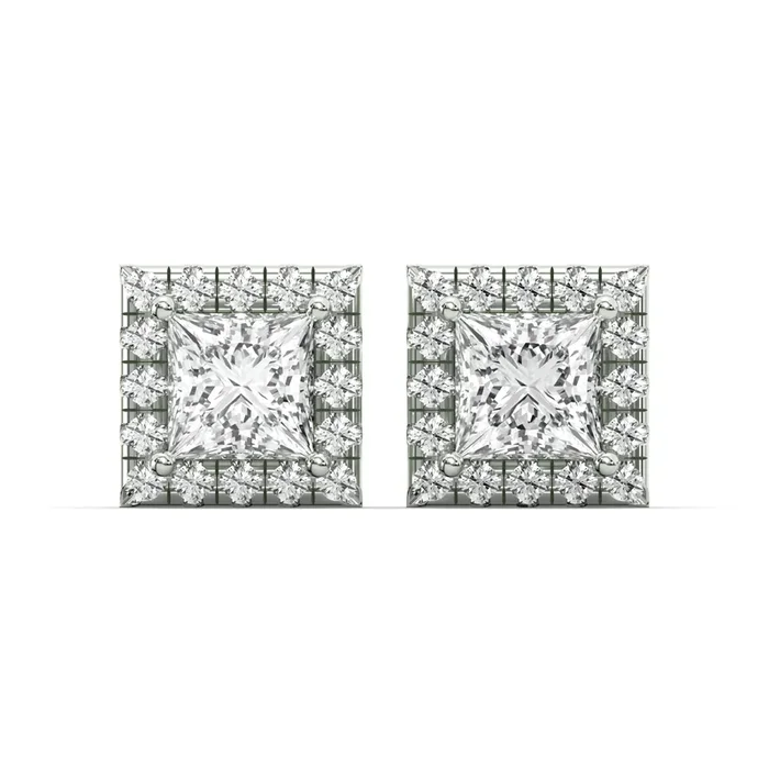 Men’s Jewelry – VVS Lab Diamond Halo Princess Stud Earrings For Men | 14K White Gold