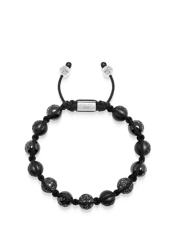 Men’s Sterling Silver Beaded Bracelet with Matte Black, Glossy Black Ceramic & Three Diamond Balls