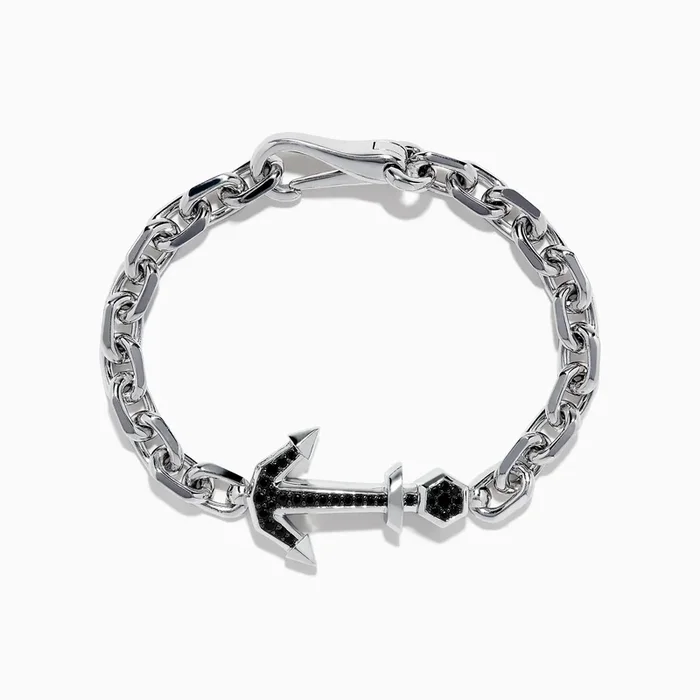 Men’s Sterling Silver Chain Link Black Spinel Anchor Bracelet 0.76 TCW