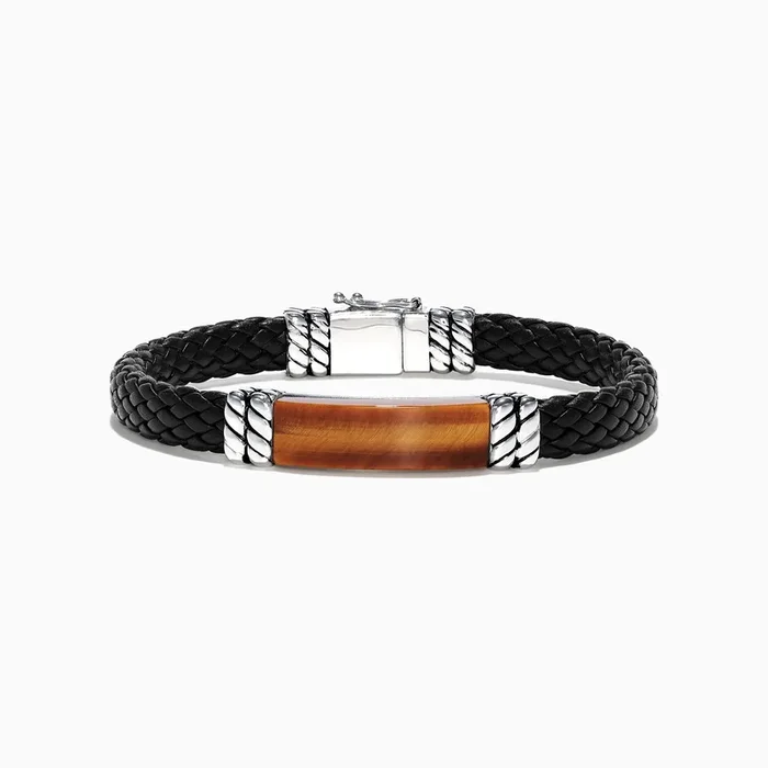 Men’s Sterling Silver Leather Tiger’s Eye Bracelet, 12.00 TCW