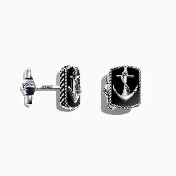 Men’s Sterling Silver Onyx Anchor Cufflinks, 9.85 TCW