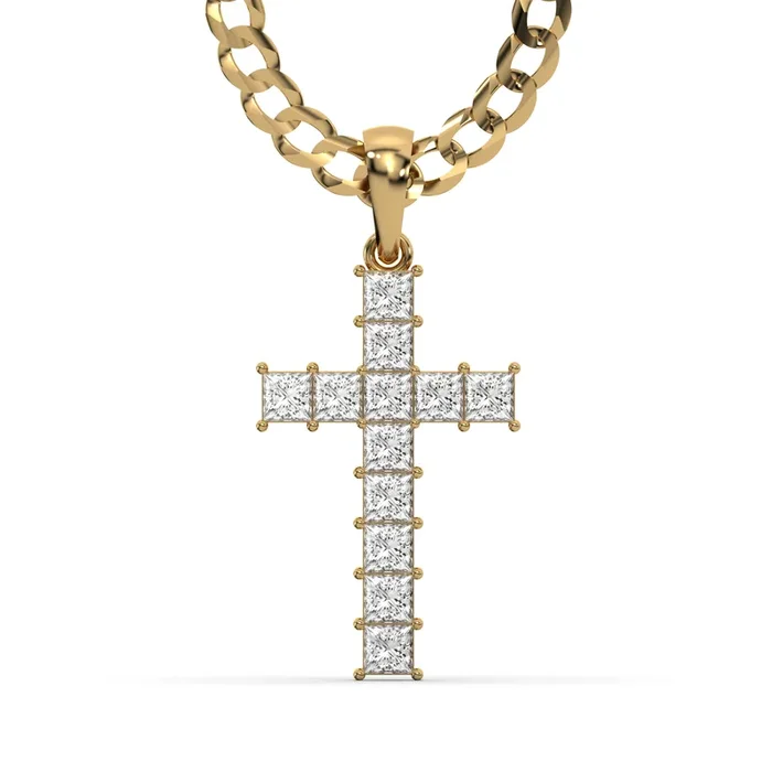 Men’s VVS Princess Lab Diamond Customizable Yellow Gold Cross Necklace Pendant
