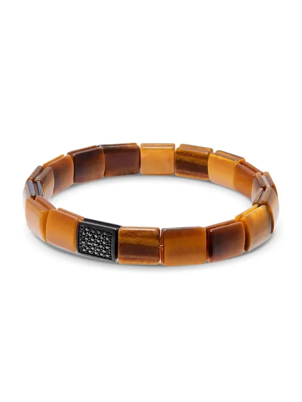 Men’s Wristband with Brown Tiger Eye and Black CZ Diamond Flatbeads
