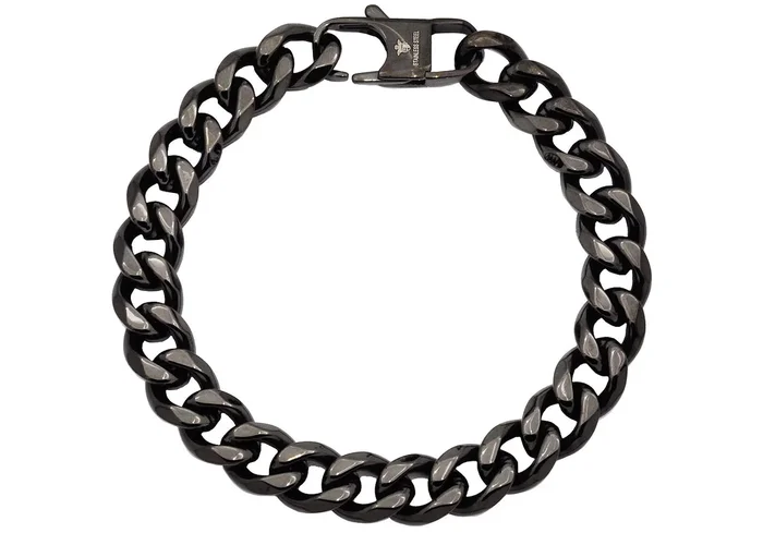 Mens 10mm Gun Metal Stainless Steel Cuban Link Chain Bracelet