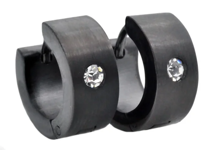 Mens 14mm Black Plated Stainless Steel Hoop Earrings With Cubic Zirconia